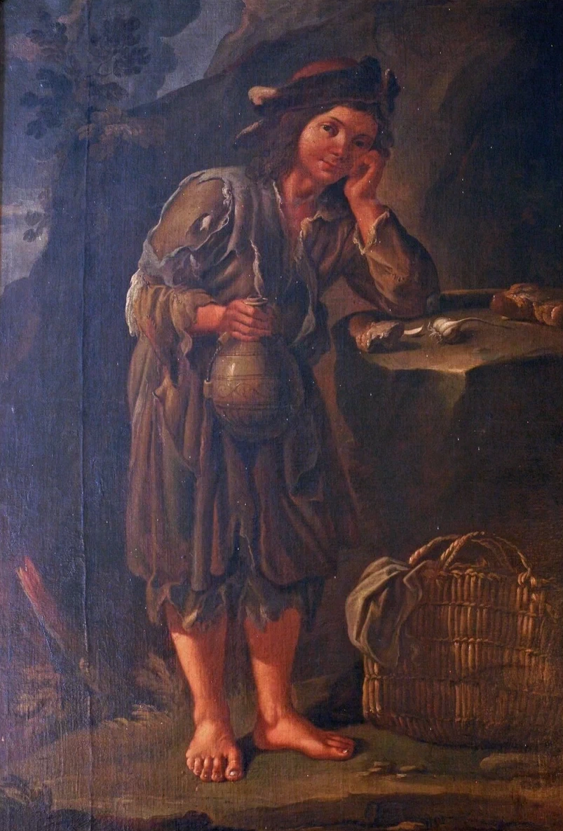 Mendicante con vaso e sporta